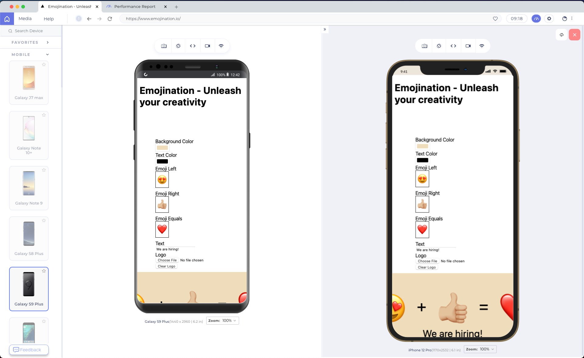 LT Browser testing side by side virtual devices